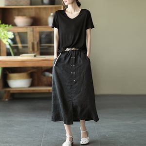 Chân váy linen lưng thun hai hàng khuy kèm thắt lưng - V001