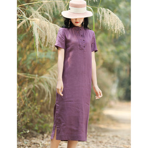 Đầm liền linen ngắn tay cổ tàu khuy tròn thêu họa tiết - NU5902