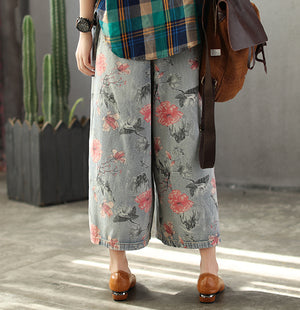 Quần baggy denim ống loe in hoa lá - NU2673 - kamaka.vn - thời trang nhật