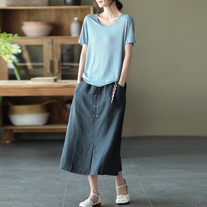 Chân váy linen lưng thun hai hàng khuy kèm thắt lưng - V001