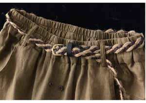 Chân váy linen lưng thun hai hàng khuy kèm thắt lưng - V001