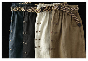 Chân váy linen lưng thun hai hàng khuy kèm thắt lưng - V001
