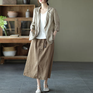 Chân váy linen lưng thun hai hàng khuy kèm thắt lưng - V001