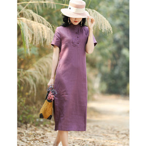 Đầm liền linen ngắn tay cổ tàu khuy tròn thêu họa tiết - NU5902