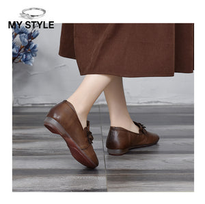 Giày da retro đế bệt đính hoa thủ công mũi tròn - NU6045