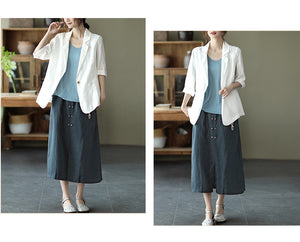 Chân váy linen lưng thun hai hàng khuy kèm thắt lưng - V001