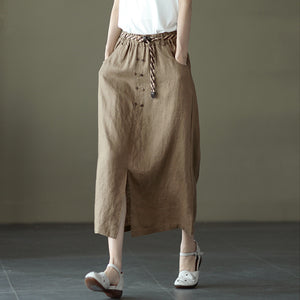 Chân váy linen lưng thun hai hàng khuy kèm thắt lưng - V001