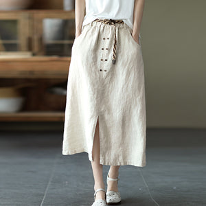 Chân váy linen lưng thun hai hàng khuy kèm thắt lưng - V001