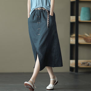 Chân váy linen lưng thun hai hàng khuy kèm thắt lưng - V001
