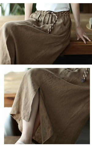 Chân váy linen lưng thun hai hàng khuy kèm thắt lưng - V001