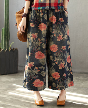 Quần baggy denim ống loe in hoa lá - NU2673 - kamaka.vn - thời trang nhật