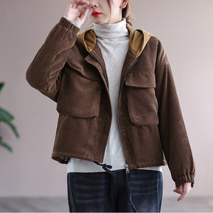 Áo khoác nhung dài tay có mũ lót caro retro - NU6248