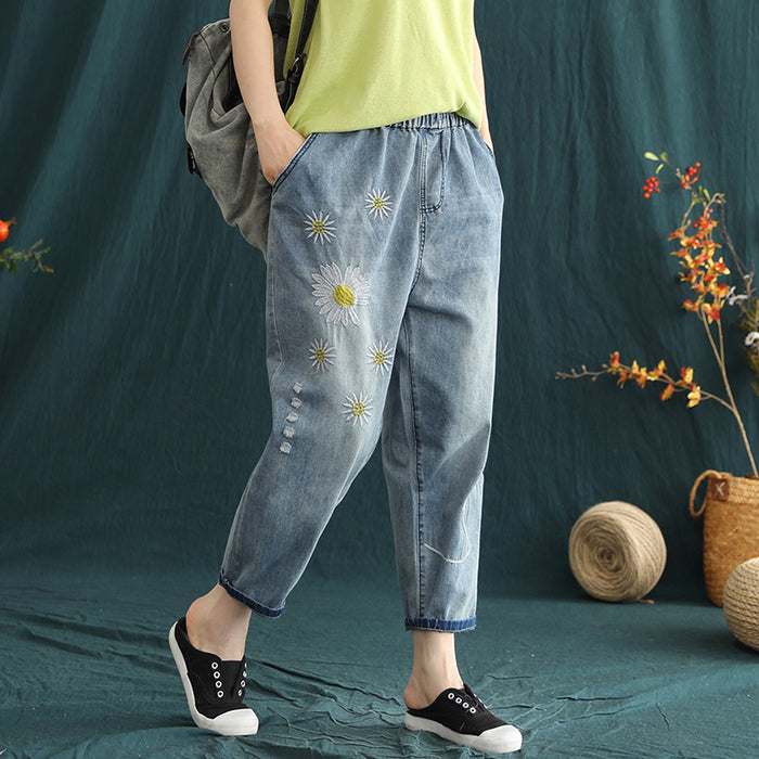 Quần baggy denim lưng thun thêu hoa cúc - NU3975