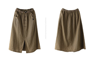 Chân váy linen lưng thun hai hàng khuy kèm thắt lưng - V001