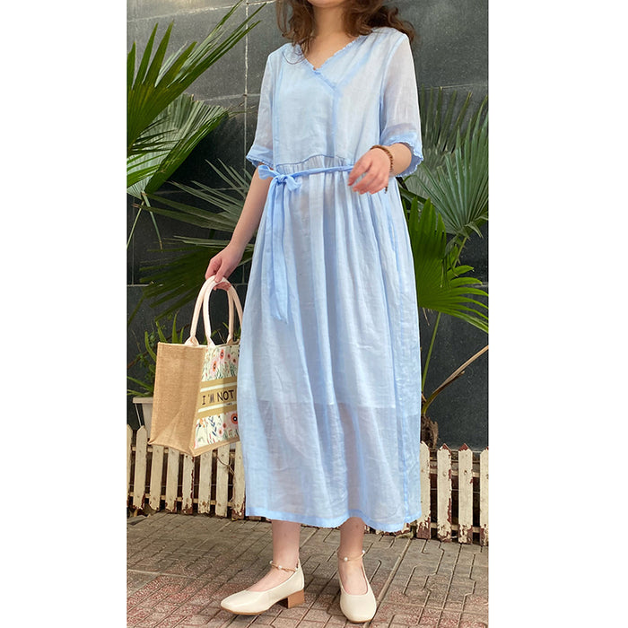 Đầm liền linen retro ngắn tay cổ V một màu - NU5899