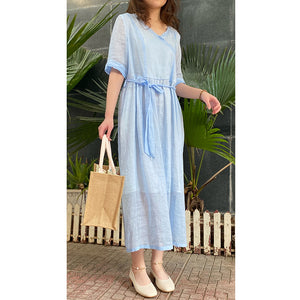 Đầm liền linen retro ngắn tay cổ V một màu - NU5899