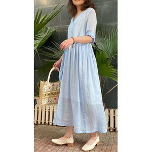 Đầm liền linen retro ngắn tay cổ V một màu - NU5899
