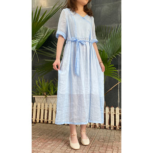 Đầm liền linen retro ngắn tay cổ V một màu - NU5899