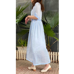 Đầm liền linen retro ngắn tay cổ V một màu - NU5899