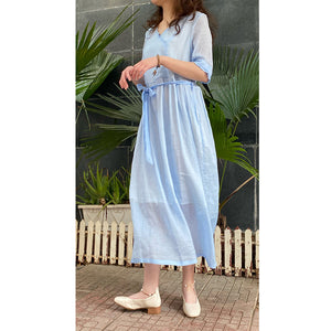 Đầm liền linen retro ngắn tay cổ V một màu - NU5899