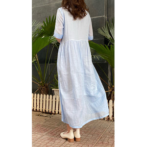 Đầm liền linen retro ngắn tay cổ V một màu - NU5899