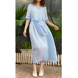 Đầm liền linen retro ngắn tay cổ V một màu - NU5899