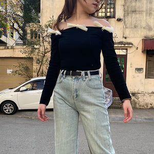 Áo T-shirt dài tay trễ vai kiểu đính nơ - NU8334