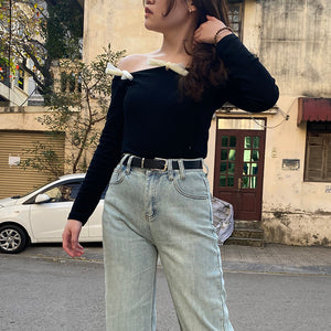 Áo T-shirt dài tay trễ vai kiểu đính nơ - NU8334