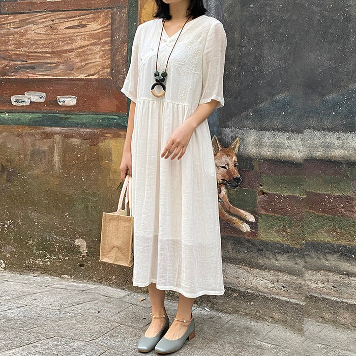 Đầm liền linen ngắn tay cổ V khuy tàu thêu hoa văn đồng màu - OD0616