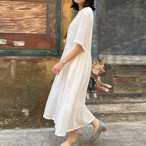 Đầm liền linen ngắn tay cổ V khuy tàu thêu hoa văn đồng màu - OD0616