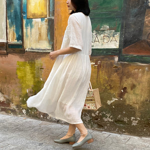 Đầm liền linen ngắn tay cổ V khuy tàu thêu hoa văn đồng màu - OD0616