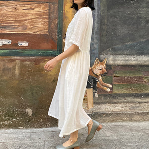 Đầm liền linen ngắn tay cổ V khuy tàu thêu hoa văn đồng màu - OD0616