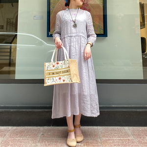 Đầm liền linen ngắn tay cổ đứng thêu chim én và nhành hoa - NU7574