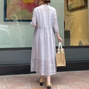 Đầm liền linen ngắn tay cổ đứng thêu chim én và nhành hoa - NU7574