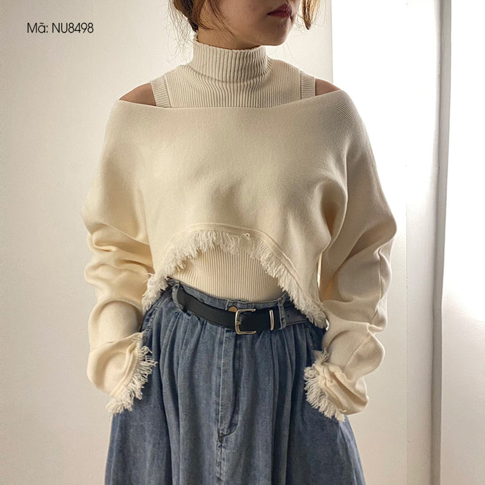 Bộ đồ gồm áo khoác len cardigan dài tay và croptop sát nách cao cổ - NU8497