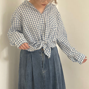 Áo sơ mi linen dài tay cổ đức kẻ caro một túi vuông - NU8493