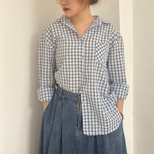 Áo sơ mi linen dài tay cổ đức kẻ caro một túi vuông - NU8493