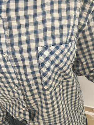 Áo sơ mi linen dài tay cổ đức kẻ caro một túi vuông - NU8493