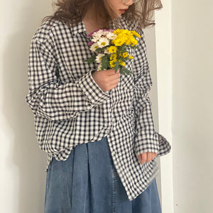 Áo sơ mi linen dài tay cổ đức kẻ caro một túi vuông - NU8493