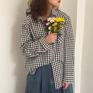 Áo sơ mi linen dài tay cổ đức kẻ caro một túi vuông - NU8493