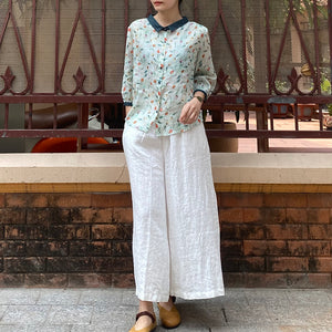 Áo sơ mi linen ngắn tay cổ pipi in hoa tulip sắc màu - NU8544