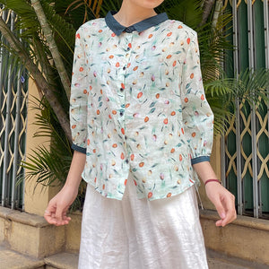 Áo sơ mi linen ngắn tay cổ pipi in hoa tulip sắc màu - NU8544