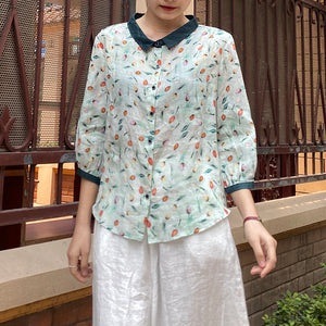 Áo sơ mi linen ngắn tay cổ pipi in hoa tulip sắc màu - NU8544