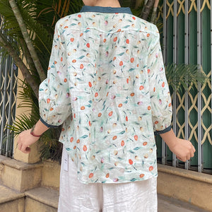 Áo sơ mi linen ngắn tay cổ pipi in hoa tulip sắc màu - NU8544