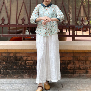 Áo sơ mi linen ngắn tay cổ pipi in hoa tulip sắc màu - NU8544