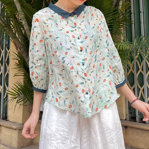 Áo sơ mi linen ngắn tay cổ pipi in hoa tulip sắc màu - NU8544