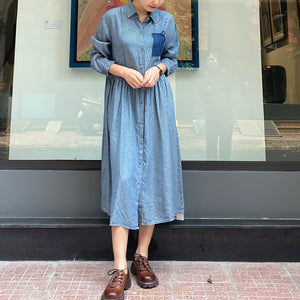 Đầm liền sơ mi denim dài tay cổ đức form rộng một túi - NU8243