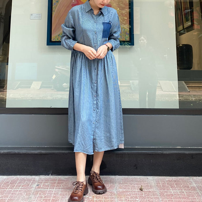 Đầm liền sơ mi denim dài tay cổ đức form rộng một túi - NU8243
