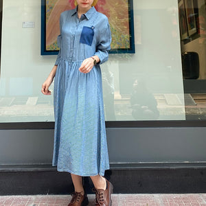 Đầm liền sơ mi denim dài tay cổ đức form rộng một túi - NU8243