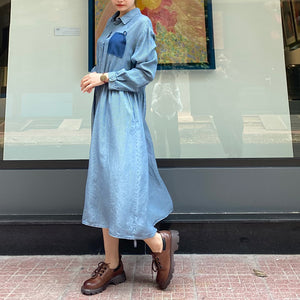 Đầm liền sơ mi denim dài tay cổ đức form rộng một túi - NU8243